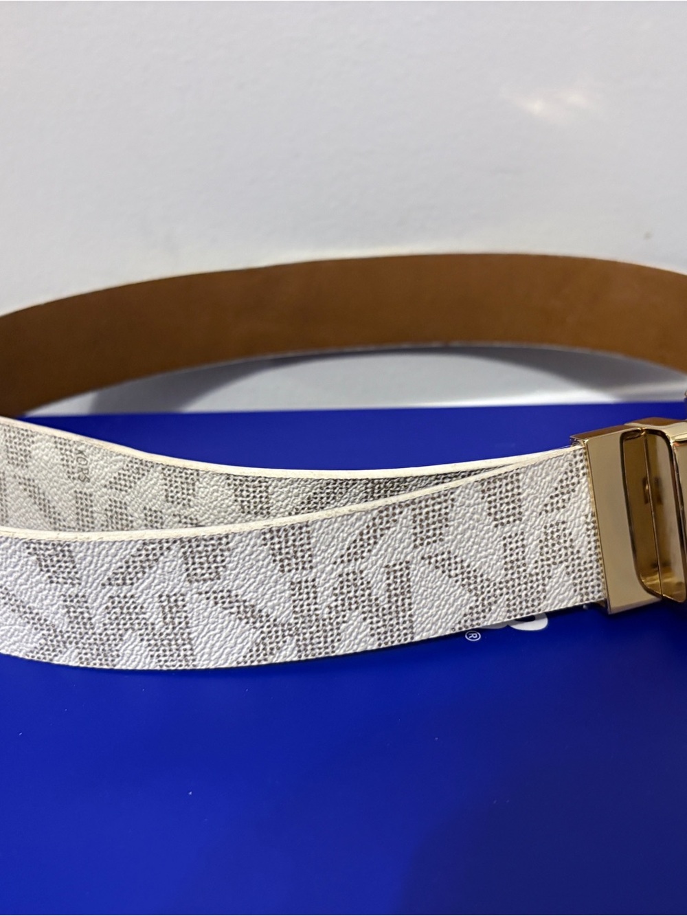 Michael Kors Reversible White monogram Leather Belt with Gold Buckle